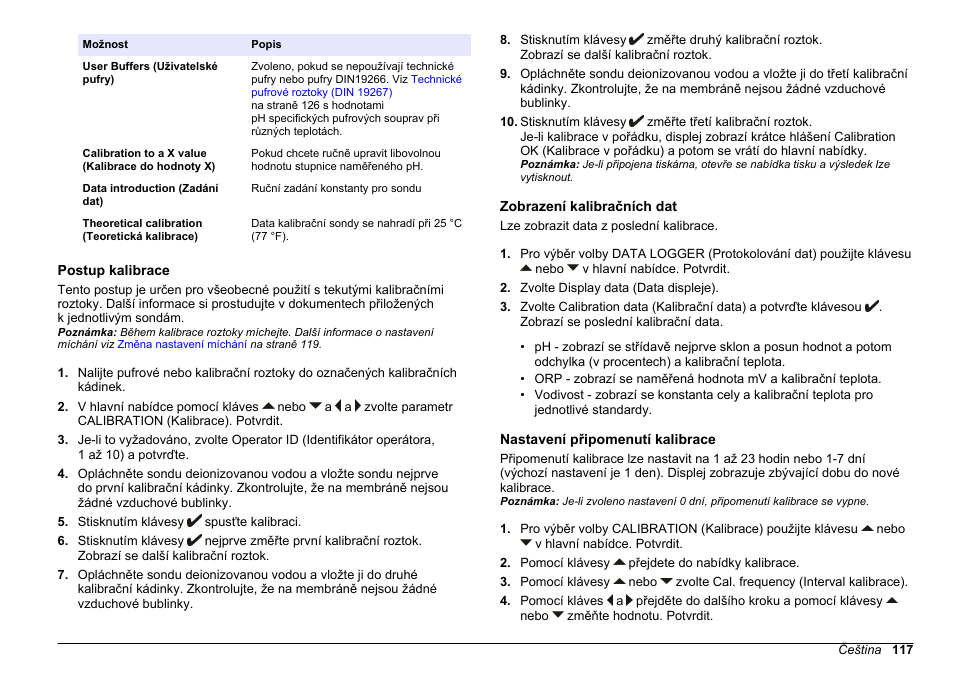 Postup kalibrace, Zobrazení kalibračních dat, Nastavení připomenutí kalibrace | Nastavení, Připomenutí kalibrace, Na straně 117 | Hach-Lange SENSION+ MM340 User Manual | Page 117 / 418