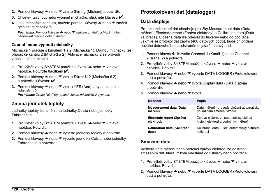 Zapnutí nebo vypnutí míchačky, Změna jednotek teploty, Protokolování dat (datalogger) | Data displeje, Smazání data | Hach-Lange SENSION+ MM340 User Manual | Page 120 / 418