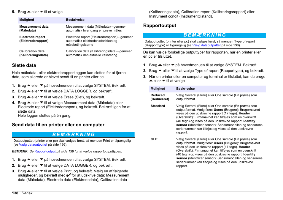 Slette data, Send data til en printer eller en computer, Rapportoutput | Hach-Lange SENSION+ MM340 User Manual | Page 138 / 418