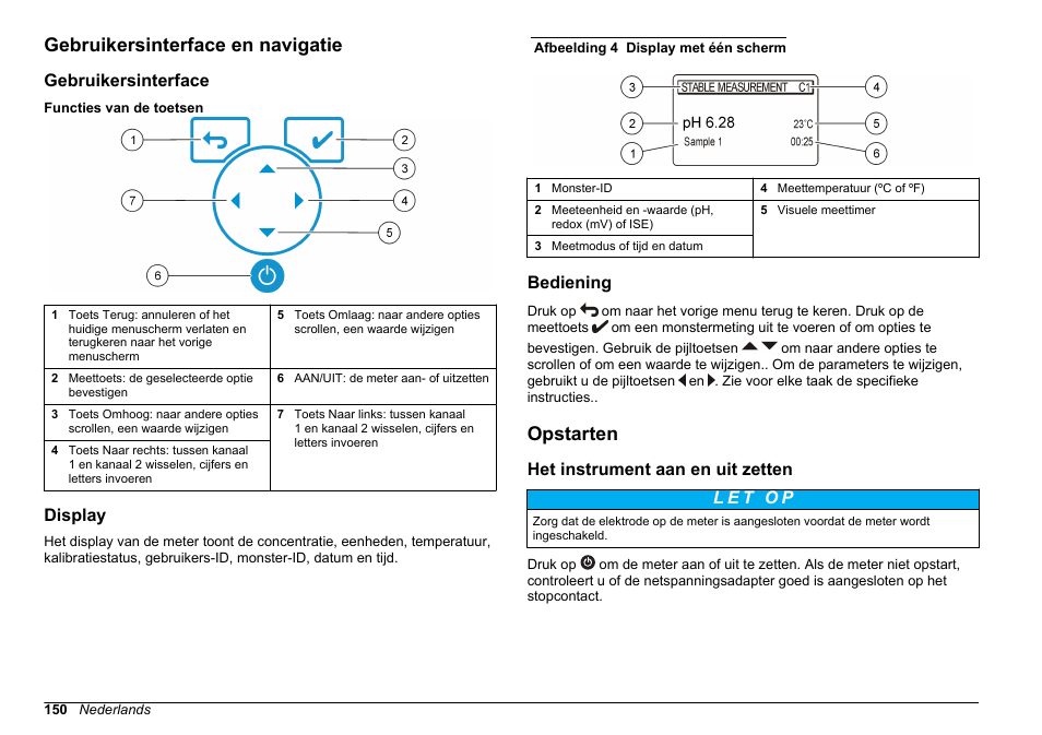 Gebruikersinterface en navigatie, Gebruikersinterface, Display | Bediening, Opstarten, Het instrument aan en uit zetten | Hach-Lange SENSION+ MM340 User Manual | Page 150 / 418