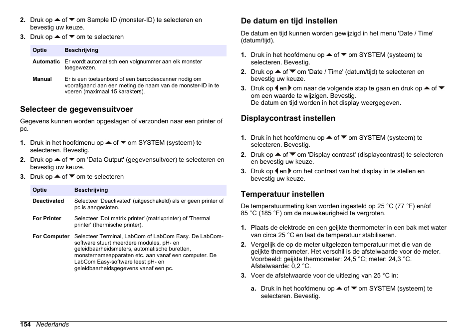 Selecteer de gegevensuitvoer, De datum en tijd instellen, Displaycontrast instellen | Temperatuur instellen, Aangesloten en bevestig uw keuze. raadpleeg, Selecteer de, Gegevensuitvoer | Hach-Lange SENSION+ MM340 User Manual | Page 154 / 418