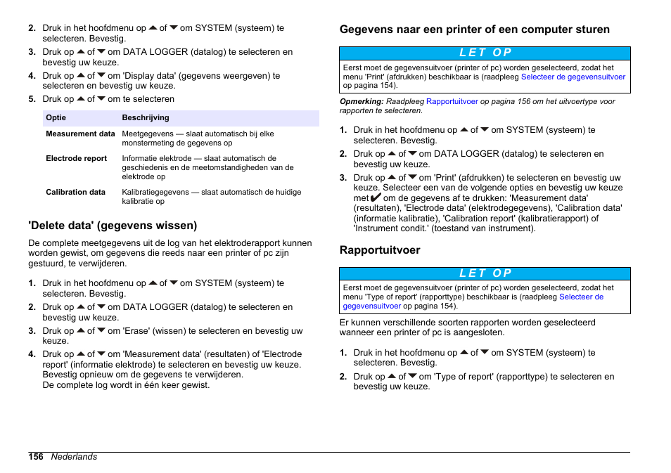 Delete data' (gegevens wissen), Gegevens naar een printer of een computer sturen, Rapportuitvoer | Hach-Lange SENSION+ MM340 User Manual | Page 156 / 418