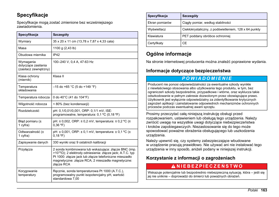 Instrukcja obsługi, Specyfikacje, Ogólne informacje | Informacje dotyczące bezpieczeństwa, Korzystanie z informacji o zagrożeniach, Polski | Hach-Lange SENSION+ MM340 User Manual | Page 163 / 418
