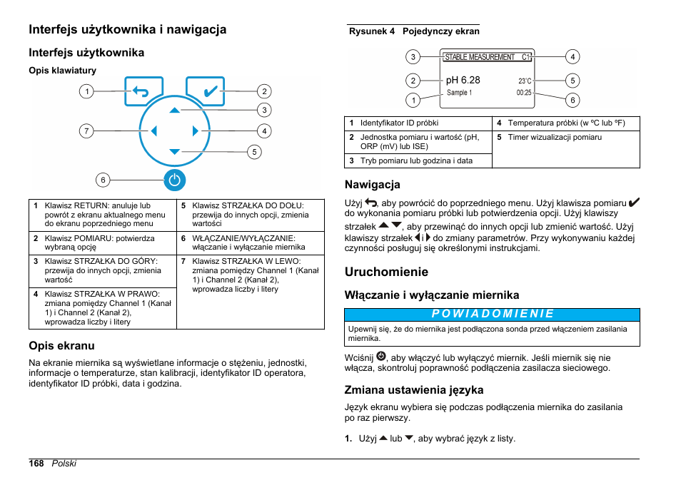 Interfejs użytkownika i nawigacja, Interfejs użytkownika, Opis ekranu | Nawigacja, Uruchomienie, Włączanie i wyłączanie miernika, Zmiana ustawienia języka | Hach-Lange SENSION+ MM340 User Manual | Page 168 / 418