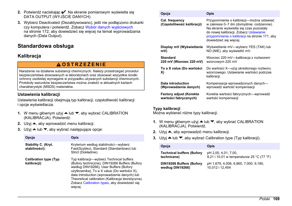 Standardowa obsługa, Kalibracja, Ustawienia kalibracji | Typy kalibracji | Hach-Lange SENSION+ MM340 User Manual | Page 169 / 418