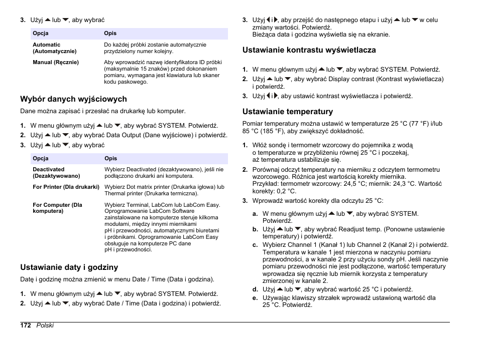 Wybór danych wyjściowych, Ustawianie daty i godziny, Ustawianie kontrastu wyświetlacza | Ustawianie temperatury | Hach-Lange SENSION+ MM340 User Manual | Page 172 / 418