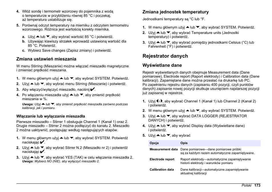 Zmiana ustawień mieszania, Włączanie lub wyłączanie mieszadła, Zmiana jednostek temperatury | Rejestrator danych, Wyświetlane dane, Zmiana ustawień, Mieszania, Na stronie 173 | Hach-Lange SENSION+ MM340 User Manual | Page 173 / 418