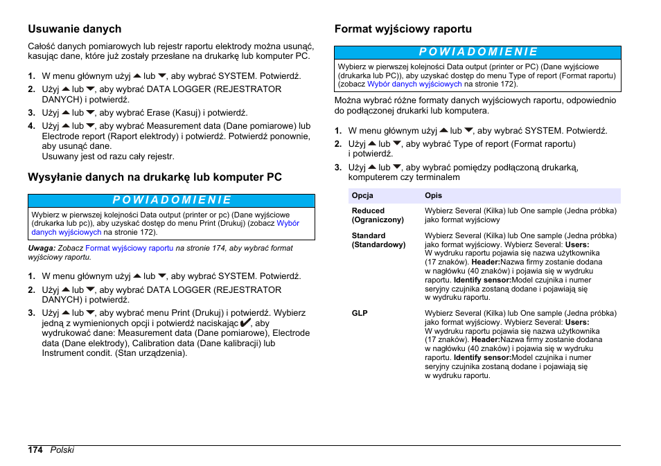 Usuwanie danych, Wysyłanie danych na drukarkę lub komputer pc, Format wyjściowy raportu | Hach-Lange SENSION+ MM340 User Manual | Page 174 / 418