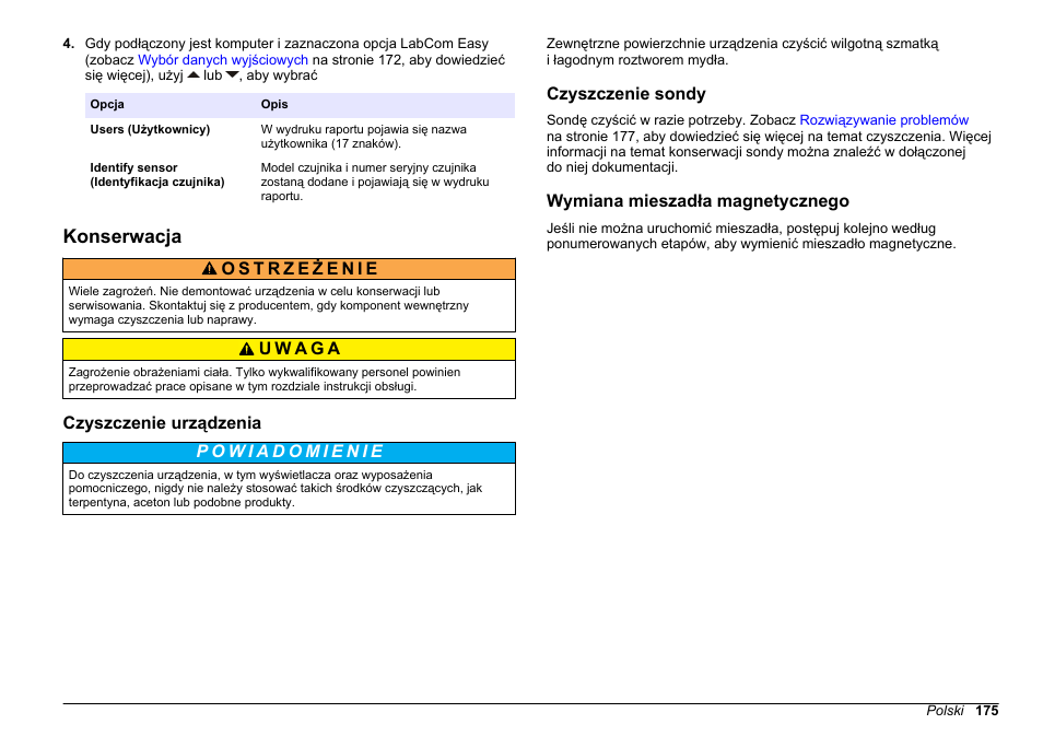 Konserwacja, Czyszczenie urządzenia, Czyszczenie sondy | Wymiana mieszadła magnetycznego | Hach-Lange SENSION+ MM340 User Manual | Page 175 / 418