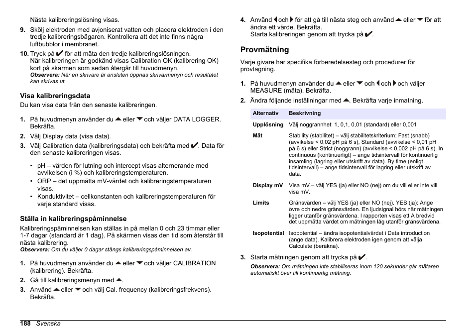 Visa kalibreringsdata, Ställa in kalibreringspåminnelse, Provmätning | Hach-Lange SENSION+ MM340 User Manual | Page 188 / 418