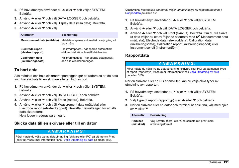 Ta bort data, Skicka data till en skrivare eller till en dator, Rapportdata | Hach-Lange SENSION+ MM340 User Manual | Page 191 / 418