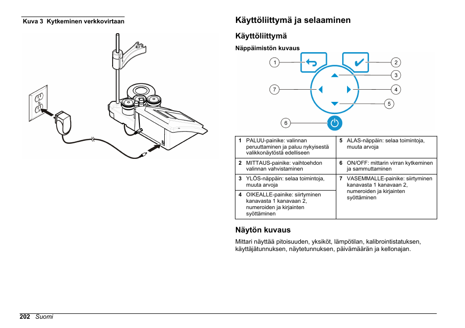 Käyttöliittymä ja selaaminen, Käyttöliittymä, Näytön kuvaus | Kytke yleisverkkovirtasovitin pistorasiaan, Kuva 3 | Hach-Lange SENSION+ MM340 User Manual | Page 202 / 418