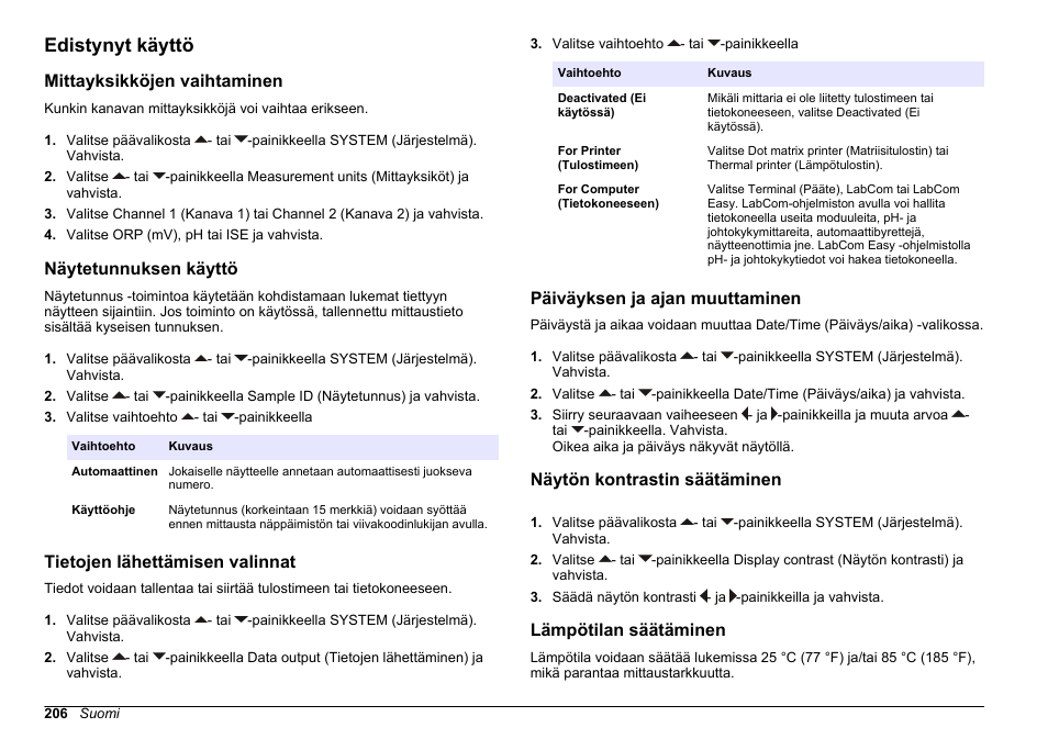 Edistynyt käyttö, Mittayksikköjen vaihtaminen, Näytetunnuksen käyttö | Tietojen lähettämisen valinnat, Päiväyksen ja ajan muuttaminen, Näytön kontrastin säätäminen, Lämpötilan säätäminen | Hach-Lange SENSION+ MM340 User Manual | Page 206 / 418