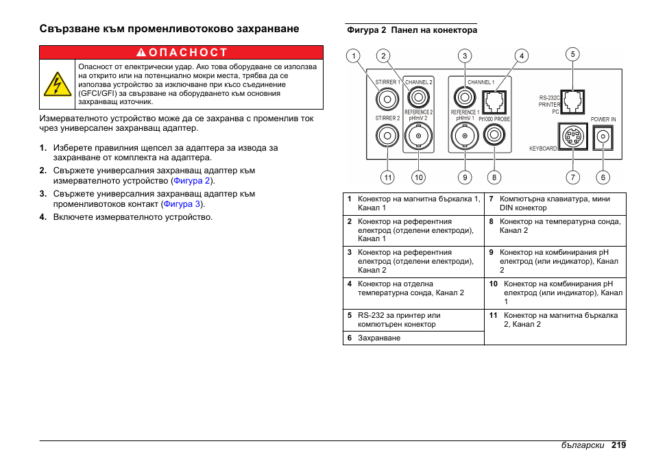 Свързване към променливотоково захранване | Hach-Lange SENSION+ MM340 User Manual | Page 219 / 418