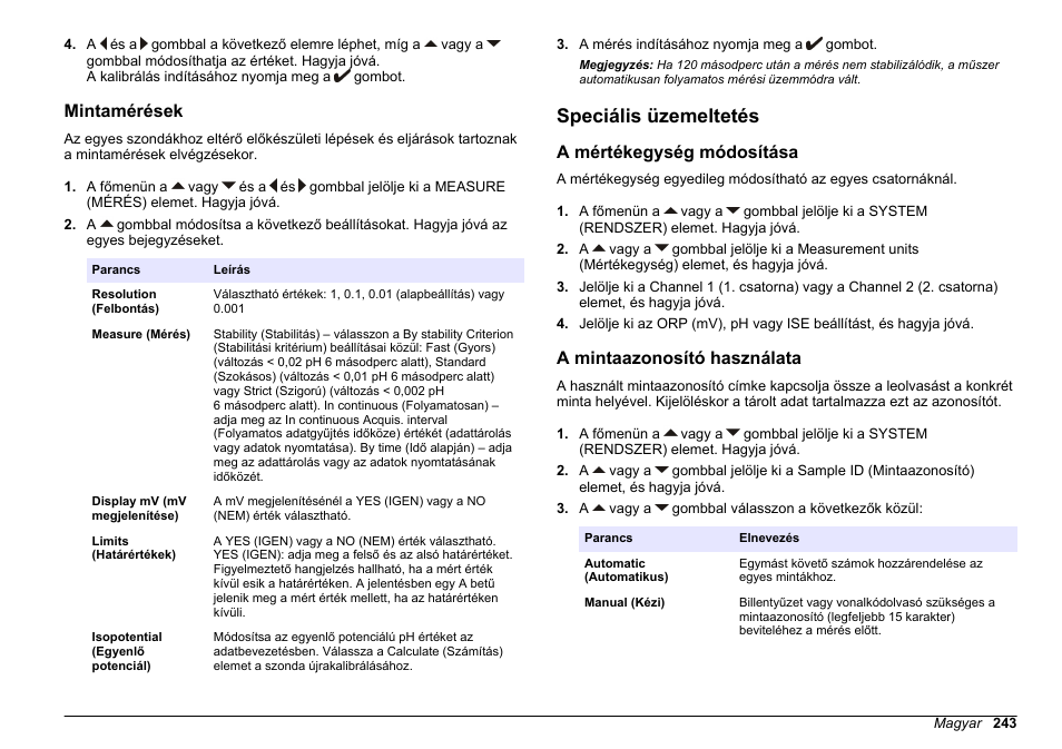 Mintamérések, Speciális üzemeltetés, A mértékegység módosítása | A mintaazonosító használata | Hach-Lange SENSION+ MM340 User Manual | Page 243 / 418