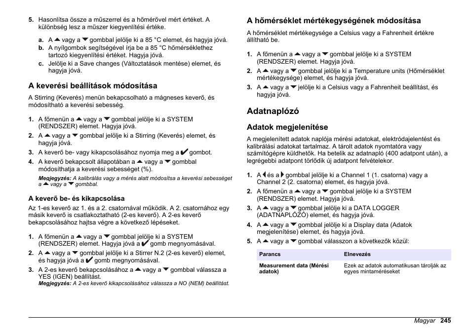 A keverési beállítások módosítása, A keverő be- és kikapcsolása, A hőmérséklet mértékegységének módosítása | Adatnaplózó, Adatok megjelenítése, Oldalon | Hach-Lange SENSION+ MM340 User Manual | Page 245 / 418