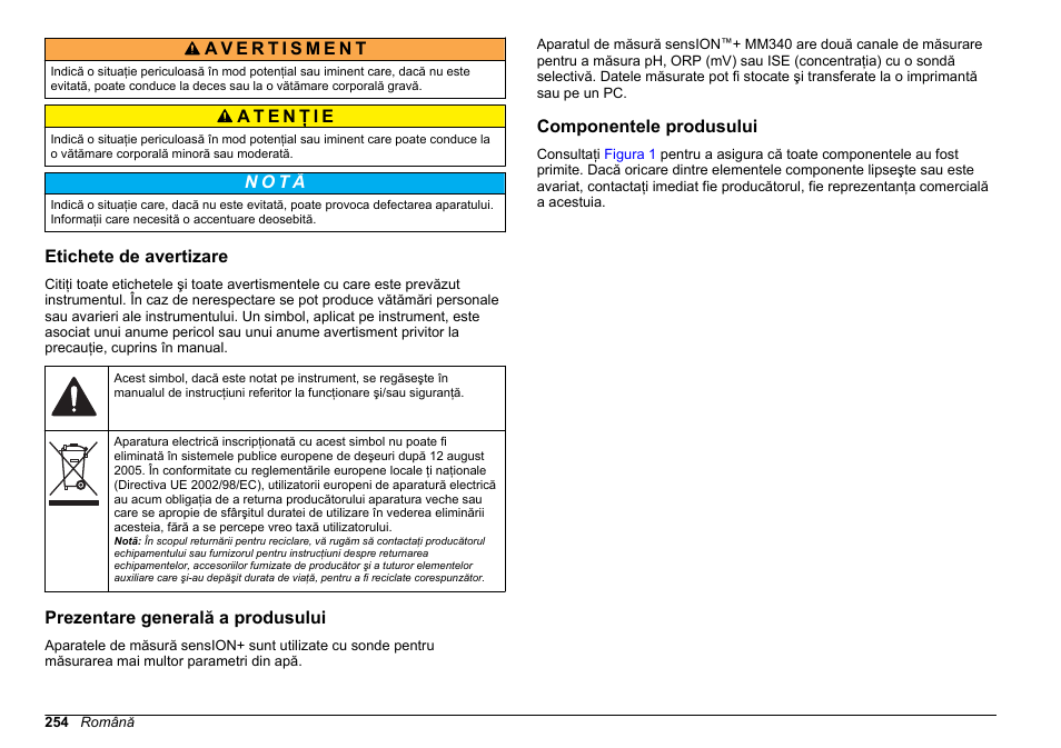 Etichete de avertizare, Prezentare generală a produsului, Componentele produsului | N o t ã | Hach-Lange SENSION+ MM340 User Manual | Page 254 / 418