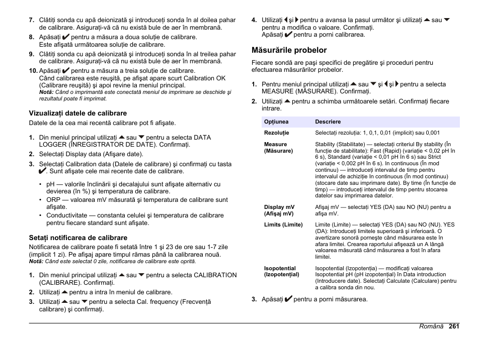 Vizualizaţi datele de calibrare, Setaţi notificarea de calibrare, Măsurările probelor | Setaţi notificarea de, Calibrare | Hach-Lange SENSION+ MM340 User Manual | Page 261 / 418