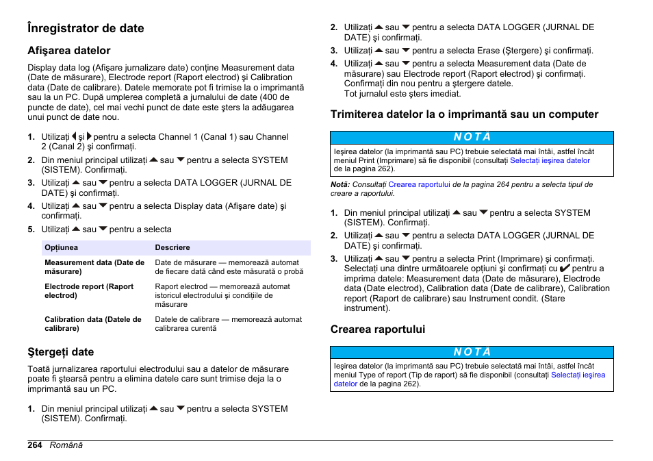 Înregistrator de date, Afişarea datelor, Ştergeţi date | Trimiterea datelor la o imprimantă sau un computer, Crearea raportului | Hach-Lange SENSION+ MM340 User Manual | Page 264 / 418