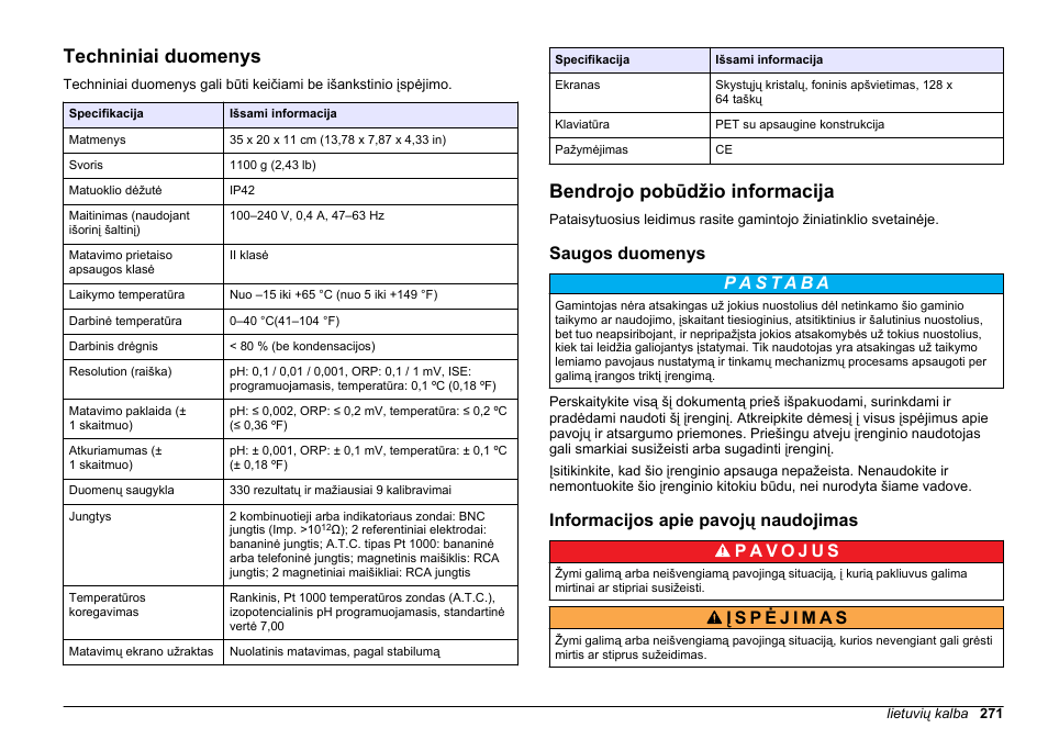 Naudotojo vadovas, Techniniai duomenys, Bendrojo pobūdžio informacija | Saugos duomenys, Informacijos apie pavojų naudojimas, Lietuvių kalba | Hach-Lange SENSION+ MM340 User Manual | Page 271 / 418