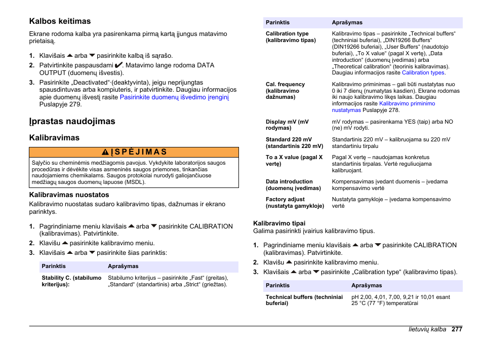 Kalbos keitimas, Įprastas naudojimas, Kalibravimas | Kalibravimas nuostatos, Kalibravimo tipai | Hach-Lange SENSION+ MM340 User Manual | Page 277 / 418
