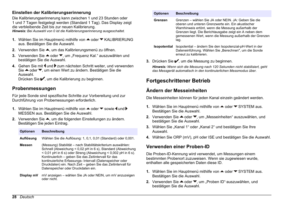 Einstellen der kalibrierungserinnerung, Probenmessungen, Fortgeschrittener betrieb | Ändern der messeinheiten, Verwenden einer proben-id, Einstellen der, Kalibrierungserinnerung, Auf seite 28 | Hach-Lange SENSION+ MM340 User Manual | Page 28 / 418