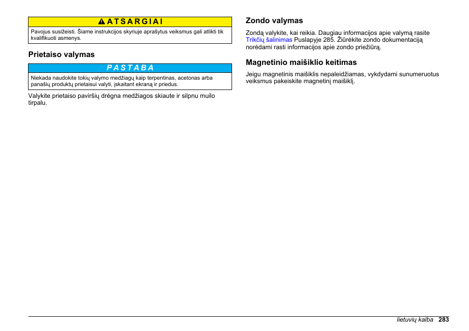 Prietaiso valymas, Zondo valymas, Magnetinio maišiklio keitimas | Hach-Lange SENSION+ MM340 User Manual | Page 283 / 418