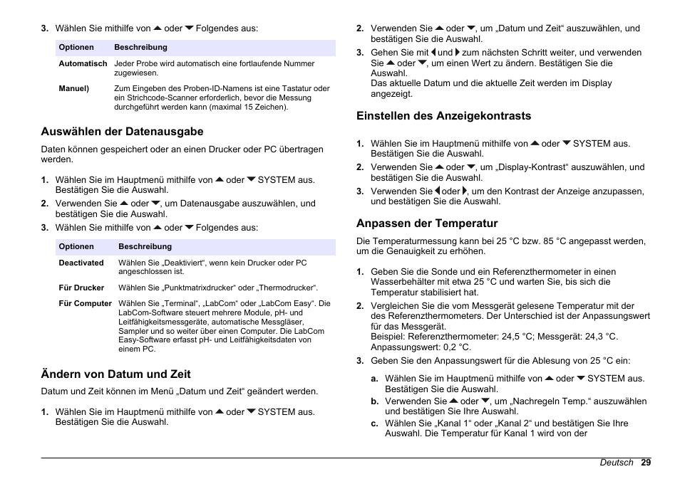 Auswählen der datenausgabe, Ändern von datum und zeit, Einstellen des anzeigekontrasts | Anpassen der temperatur, Datenausgabe finden sie unter | Hach-Lange SENSION+ MM340 User Manual | Page 29 / 418