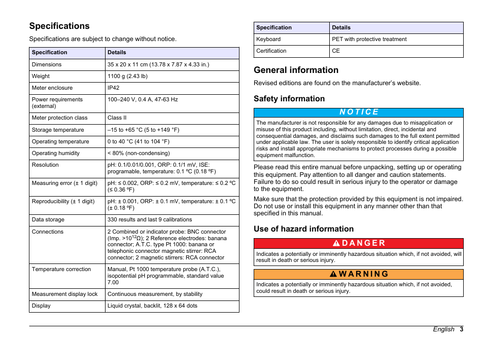 User manual, Specifications, General information | Safety information, Use of hazard information, English | Hach-Lange SENSION+ MM340 User Manual | Page 3 / 418