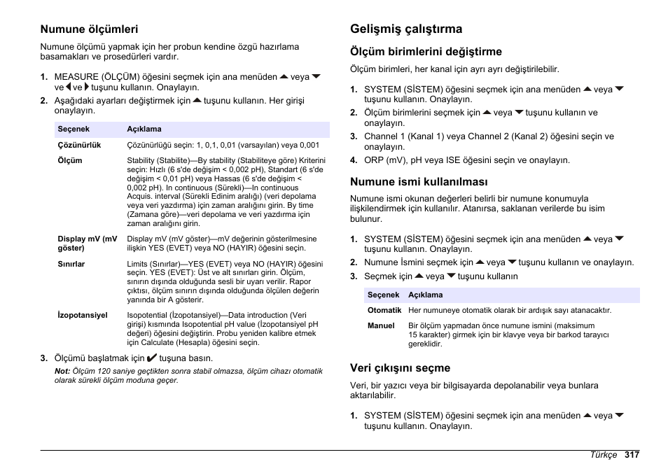 Numune ölçümleri, Gelişmiş çalıştırma, Ölçüm birimlerini değiştirme | Numune ismi kullanılması, Veri çıkışını seçme | Hach-Lange SENSION+ MM340 User Manual | Page 317 / 418