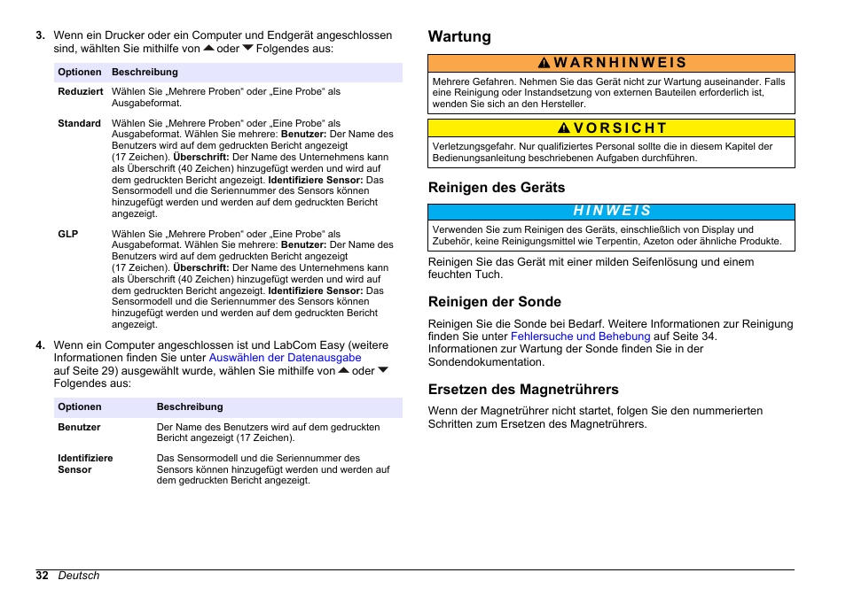 Wartung, Reinigen des geräts, Reinigen der sonde | Ersetzen des magnetrührers | Hach-Lange SENSION+ MM340 User Manual | Page 32 / 418