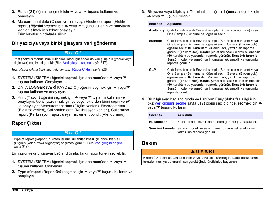 Bir yazıcıya veya bir bilgisayara veri gönderme, Rapor çıktısı, Bakım | Hach-Lange SENSION+ MM340 User Manual | Page 320 / 418