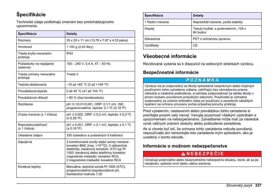Návod na obsluhu, Špecifikácie, Všeobecné informácie | Bezpečnostné informácie, Informácie o možnom nebezpečenstve, Slovenský jazyk | Hach-Lange SENSION+ MM340 User Manual | Page 327 / 418
