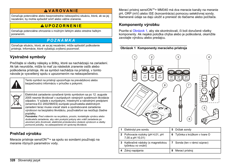 Výstražné symboly, Prehľad výrobku, Komponenty výrobku | Hach-Lange SENSION+ MM340 User Manual | Page 328 / 418