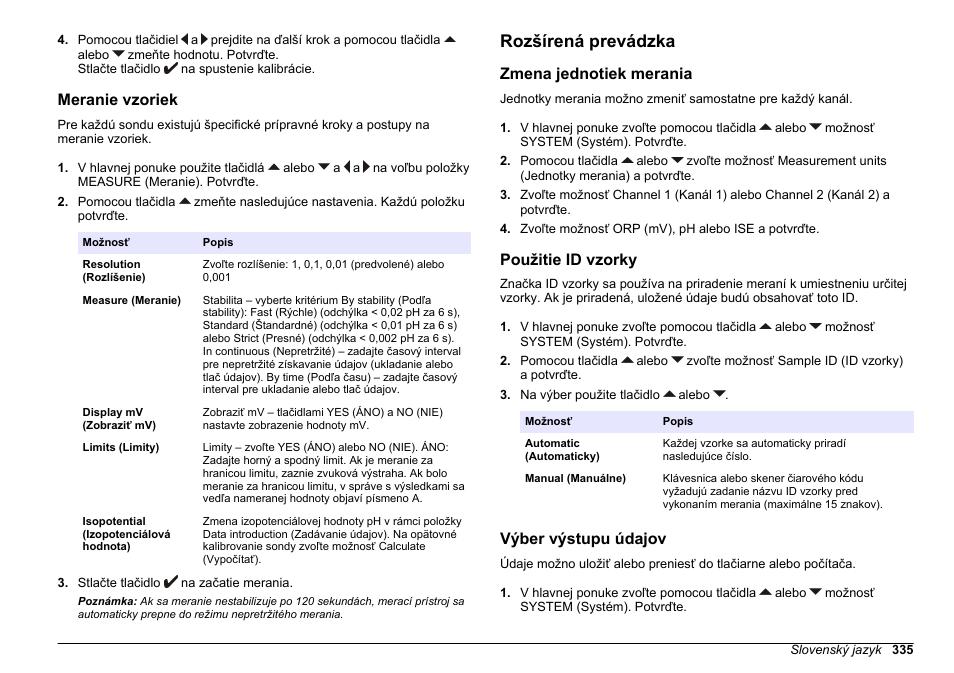 Meranie vzoriek, Rozšírená prevádzka, Zmena jednotiek merania | Použitie id vzorky, Výber výstupu údajov, Nájdete v časti | Hach-Lange SENSION+ MM340 User Manual | Page 335 / 418