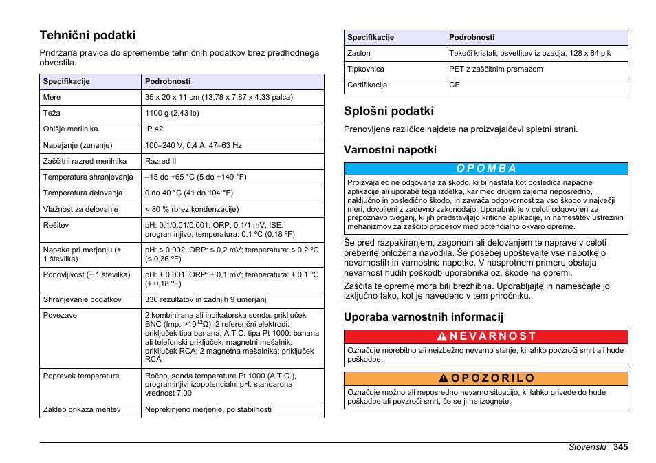 Navodila za uporabo, Tehnični podatki, Splošni podatki | Varnostni napotki, Uporaba varnostnih informacij, Slovenski | Hach-Lange SENSION+ MM340 User Manual | Page 345 / 418