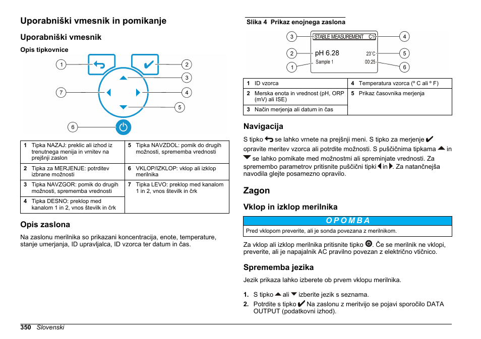 Uporabniški vmesnik in pomikanje, Uporabniški vmesnik, Opis zaslona | Navigacija, Zagon, Vklop in izklop merilnika, Sprememba jezika | Hach-Lange SENSION+ MM340 User Manual | Page 350 / 418