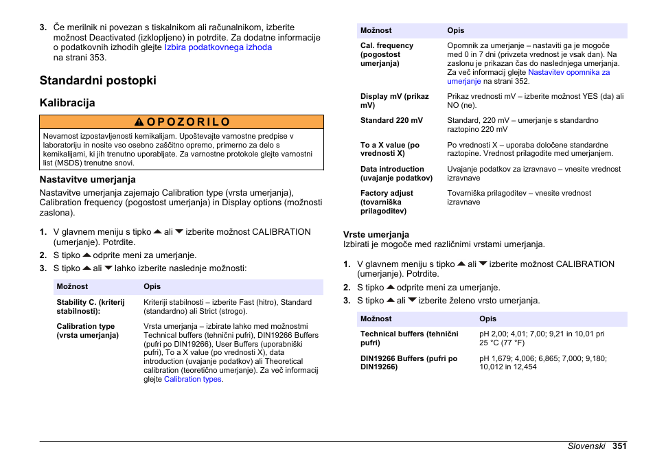 Standardni postopki, Kalibracija, Nastavitve umerjanja | Vrste umerjanja | Hach-Lange SENSION+ MM340 User Manual | Page 351 / 418