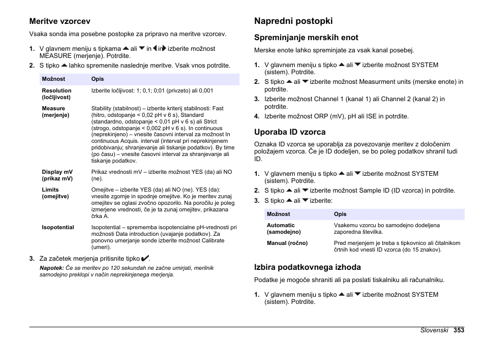 Meritve vzorcev, Napredni postopki, Spreminjanje merskih enot | Uporaba id vzorca, Izbira podatkovnega izhoda | Hach-Lange SENSION+ MM340 User Manual | Page 353 / 418