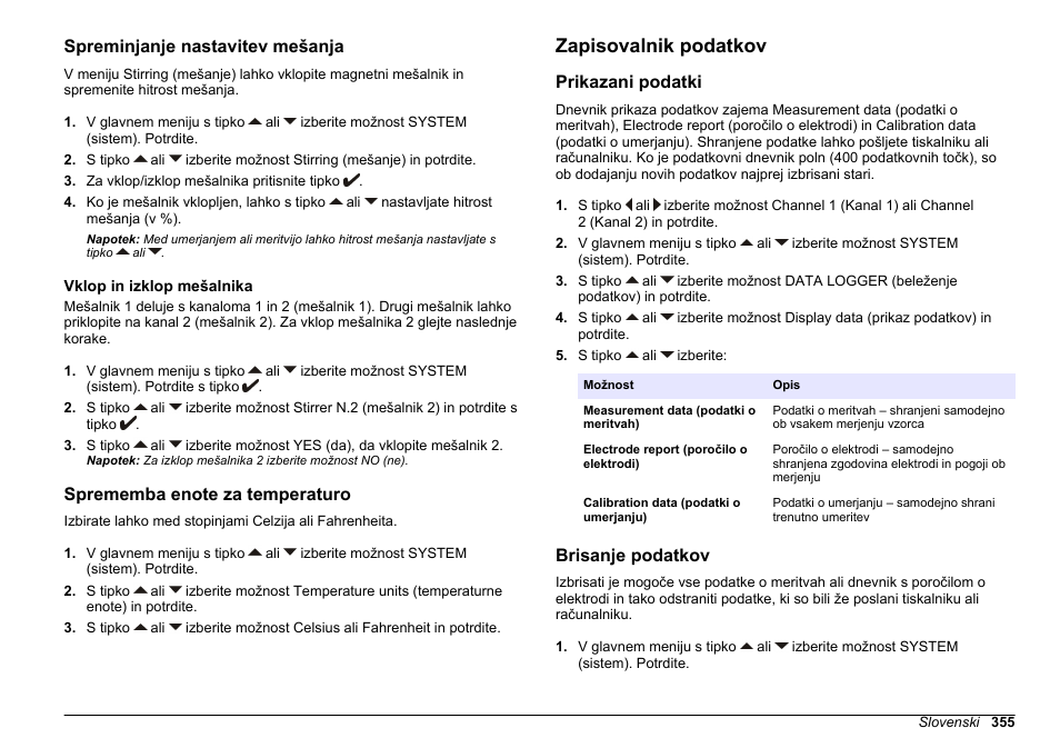 Spreminjanje nastavitev mešanja, Vklop in izklop mešalnika, Sprememba enote za temperaturo | Zapisovalnik podatkov, Prikazani podatki, Brisanje podatkov | Hach-Lange SENSION+ MM340 User Manual | Page 355 / 418