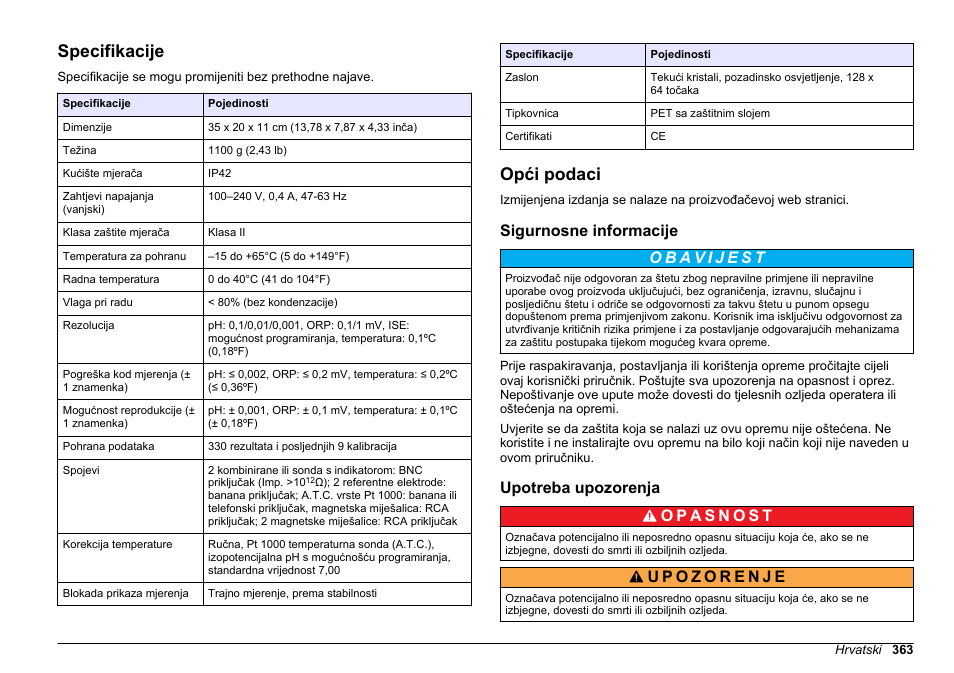 Korisnički priručnik, Specifikacije, Opći podaci | Sigurnosne informacije, Upotreba upozorenja, Hrvatski | Hach-Lange SENSION+ MM340 User Manual | Page 363 / 418