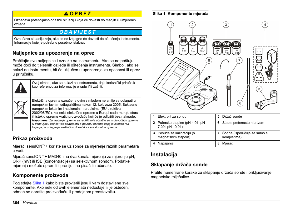 Naljepnice za upozorenje na oprez, Prikaz proizvoda, Komponente proizvoda | Instalacija, Sklapanje držača sonde | Hach-Lange SENSION+ MM340 User Manual | Page 364 / 418