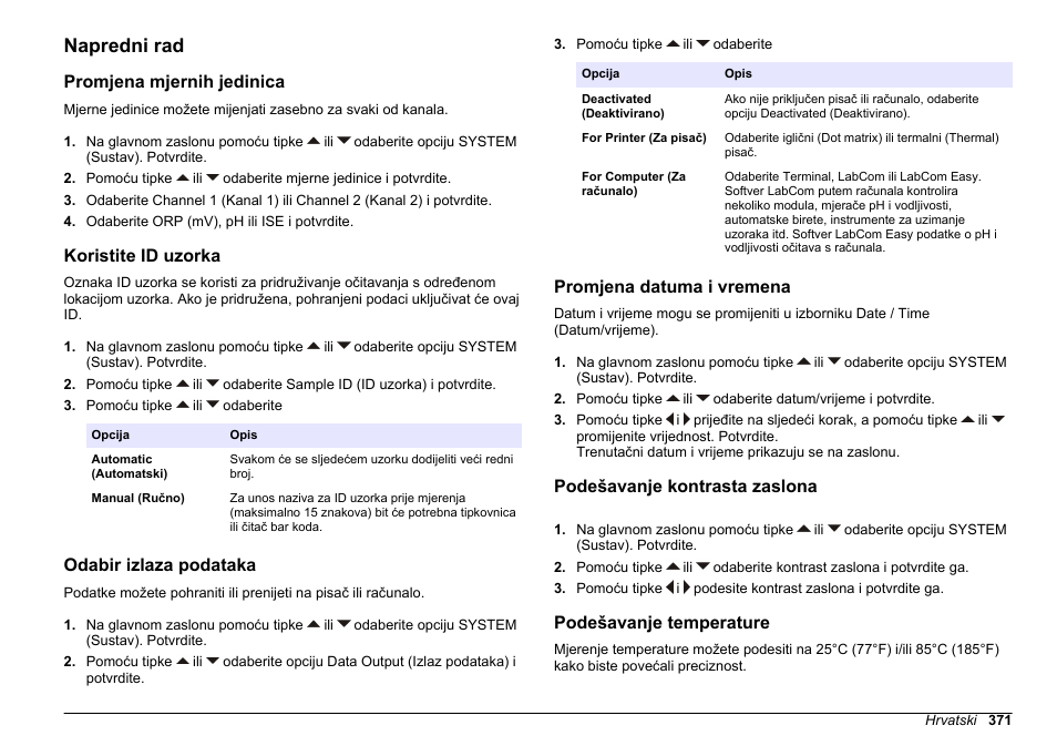 Napredni rad, Promjena mjernih jedinica, Koristite id uzorka | Odabir izlaza podataka, Promjena datuma i vremena, Podešavanje kontrasta zaslona, Podešavanje temperature | Hach-Lange SENSION+ MM340 User Manual | Page 371 / 418