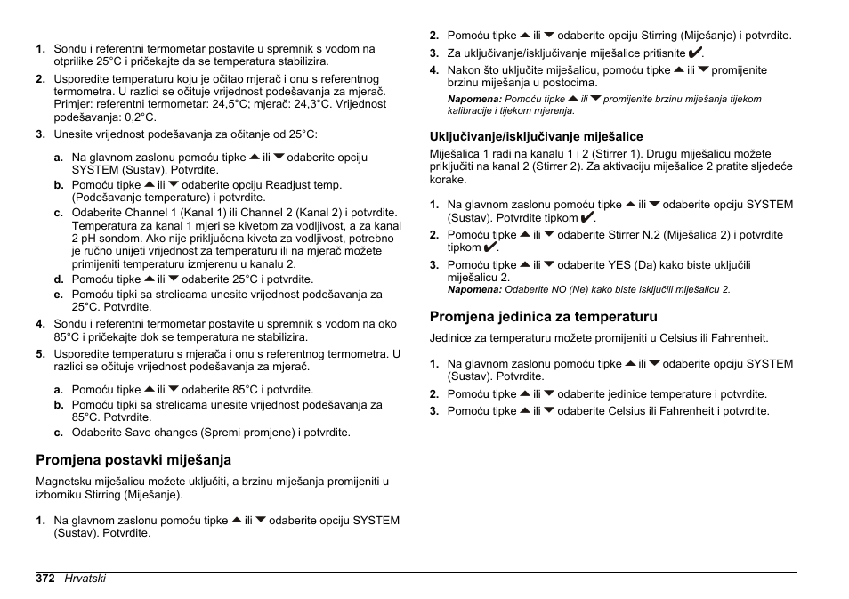 Promjena postavki miješanja, Uključivanje/‍isključivanje miješalice, Promjena jedinica za temperaturu | Hach-Lange SENSION+ MM340 User Manual | Page 372 / 418