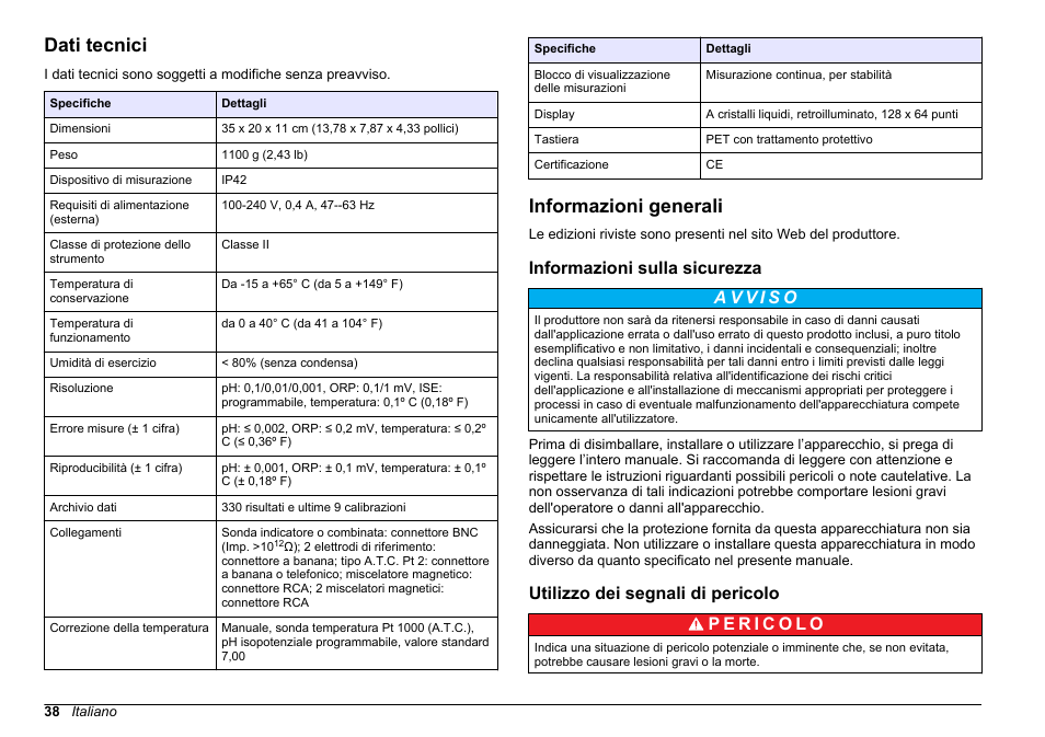 Manuale dell'utente, Dati tecnici, Informazioni generali | Informazioni sulla sicurezza, Utilizzo dei segnali di pericolo, Italiano | Hach-Lange SENSION+ MM340 User Manual | Page 38 / 418