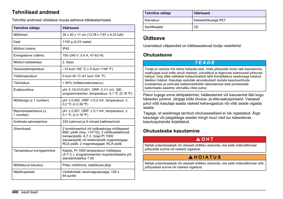 Kasutusjuhend, Tehnilised andmed, Üldteave | Ohutusteave, Ohutusteabe kasutamine, Eesti keel, Ohutusteabe kasutamine o h t | Hach-Lange SENSION+ MM340 User Manual | Page 400 / 418