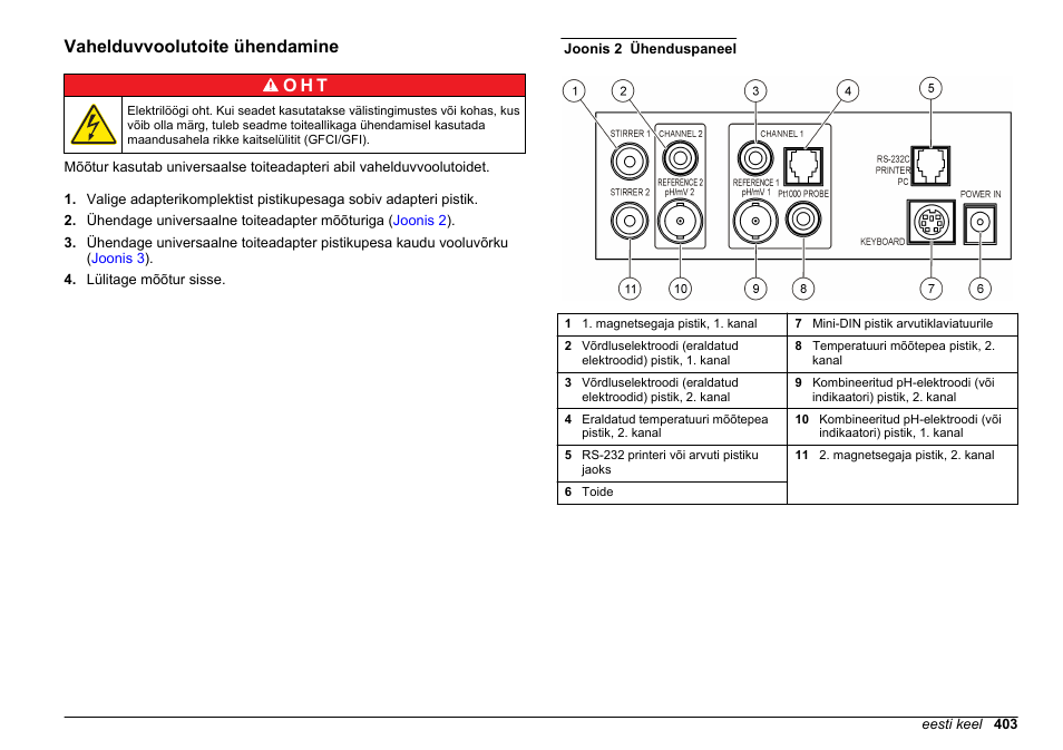 Vahelduvvoolutoite ühendamine, Vahelduvvoolutoite ühendamine o h t | Hach-Lange SENSION+ MM340 User Manual | Page 403 / 418