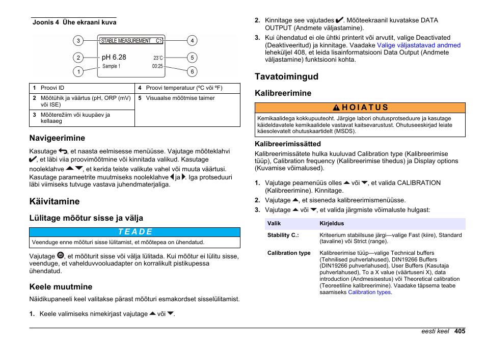 Navigeerimine, Käivitamine, Lülitage mõõtur sisse ja välja | Keele muutmine, Tavatoimingud, Kalibreerimine, Kalibreerimissätted | Hach-Lange SENSION+ MM340 User Manual | Page 405 / 418