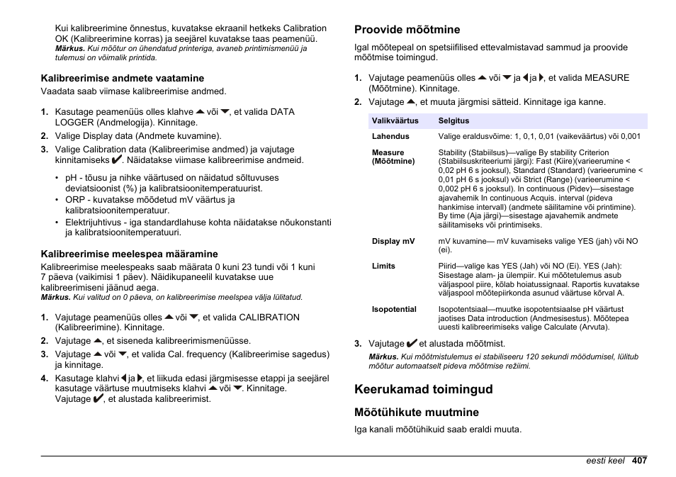Kalibreerimise andmete vaatamine, Kalibreerimise meelespea määramine, Proovide mõõtmine | Keerukamad toimingud, Mõõtühikute muutmine | Hach-Lange SENSION+ MM340 User Manual | Page 407 / 418