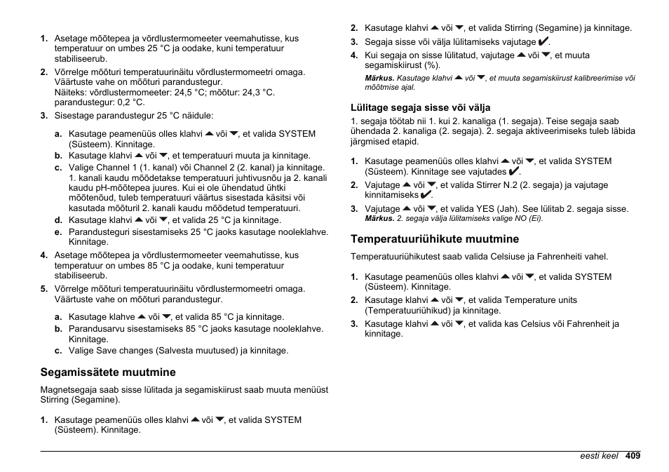 Segamissätete muutmine, Lülitage segaja sisse või välja, Temperatuuriühikute muutmine | Hach-Lange SENSION+ MM340 User Manual | Page 409 / 418